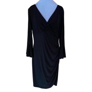Lauren Ralph Lauren LRL Black V-Neck Ruched Dress Bell Sleeve Size 14 New LBD